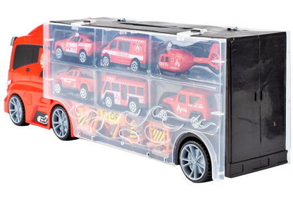 Camion interactiv Fire Truck idealSTORE cu 6 utilaje de pompieri Dimensiuni 40 x 9 x 13 cm, Include elicopter, autobuz