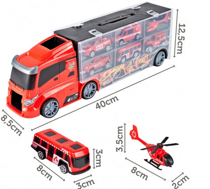 Camion interactiv Fire Truck idealSTORE cu 6 utilaje de pompieri Dimensiuni 40 x 9 x 13 cm, Include elicopter, autobuz