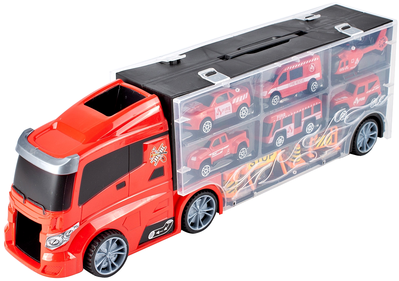 Camion interactiv Fire Truck idealSTORE cu 6 utilaje de pompieri Dimensiuni 40 x 9 x 13 cm, Include elicopter, autobuz