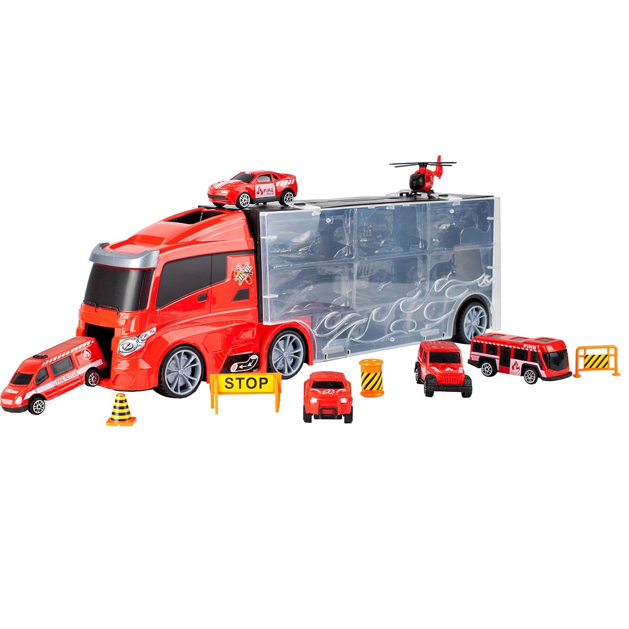 Camion interactiv Fire Truck idealSTORE cu 6 utilaje de pompieri Dimensiuni 40 x 9 x 13 cm, Include elicopter, autobuz