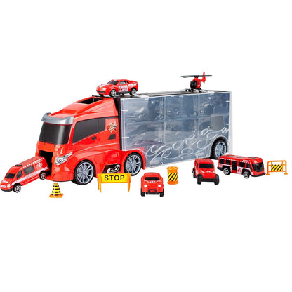 Camion interactiv Fire Truck idealSTORE cu 6 utilaje de pompieri Dimensiuni 40 x 9 x 13 cm, Include elicopter, autobuz
