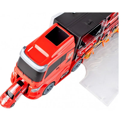 Camion interactiv Fire Truck idealSTORE cu 6 utilaje de pompieri Dimensiuni 40 x 9 x 13 cm, Include elicopter, autobuz