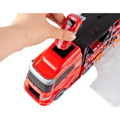 Camion interactiv Fire Truck idealSTORE cu 6 utilaje de pompieri Dimensiuni 40 x 9 x 13 cm, Include elicopter, autobuz