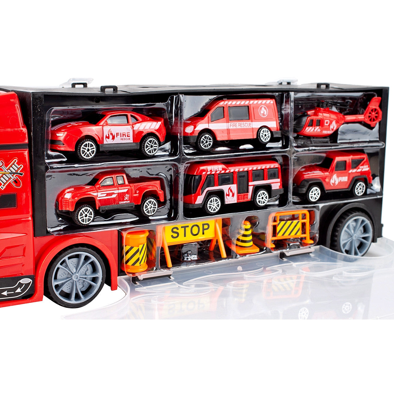 Camion interactiv Fire Truck idealSTORE cu 6 utilaje de pompieri Dimensiuni 40 x 9 x 13 cm, Include elicopter, autobuz