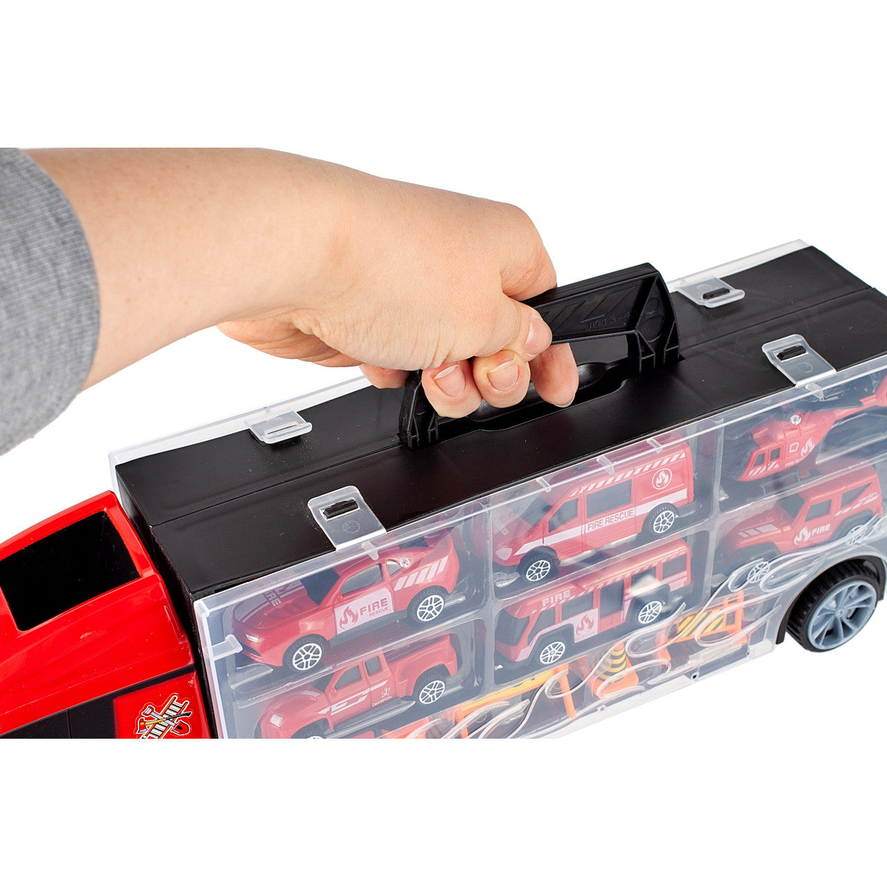 Camion interactiv Fire Truck idealSTORE cu 6 utilaje de pompieri Dimensiuni 40 x 9 x 13 cm, Include elicopter, autobuz