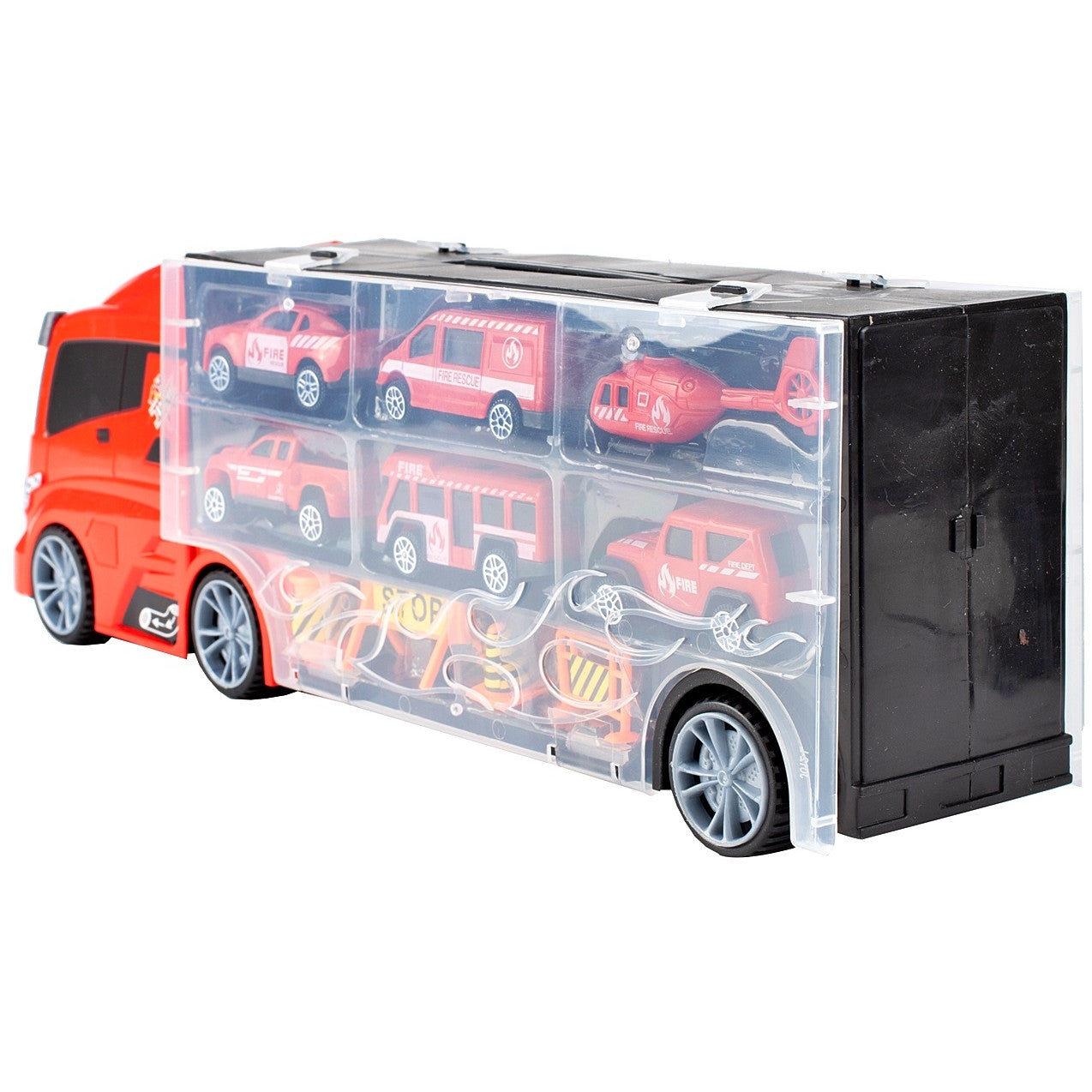 Camion interactiv Fire Truck idealSTORE cu 6 utilaje de pompieri Dimensiuni 40 x 9 x 13 cm, Include elicopter, autobuz
