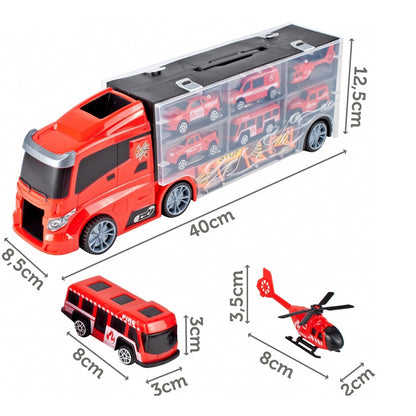 Camion interactiv Fire Truck idealSTORE cu 6 utilaje de pompieri Dimensiuni 40 x 9 x 13 cm, Include elicopter, autobuz