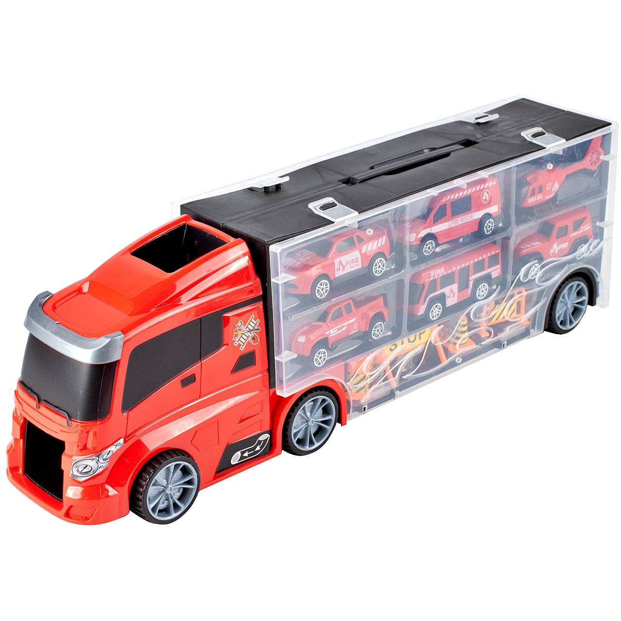 Camion interactiv Fire Truck idealSTORE cu 6 utilaje de pompieri Dimensiuni 40 x 9 x 13 cm, Include elicopter, autobuz