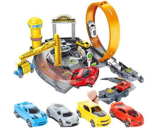 Pista cu Lansator de Masinute Track Parking idealSTORE, Include 4 Masinute Colorate, Macara, Benzinarie, Bariera, Semafor, Platforma de Ridicare pentru Reparatii, Dezvolta Creativitatea Copilului