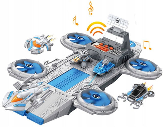 Baza spatiala idealSTORE, Dimensiuni 40 x 22 x 14 cm, Include 4 elice, rampa de gunoi, masini de explorare, docuri, 5 vehicule, loc de aterizare, Dezvolta imaginatia copilului