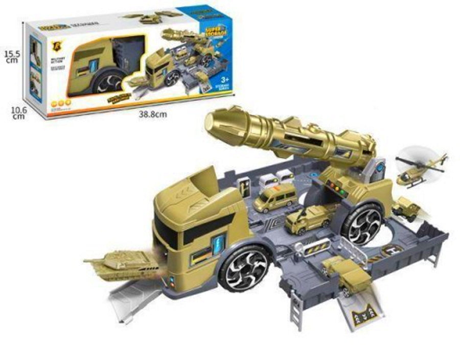 Camion Militar Army Truck idealStore, Dimensiuni 34.5 x 10.5 x 15 cm, Lansator de Rachete Mobil, 5 Vehicule Militare, Statie de Petrol, Camion cu Functie de Deschidere