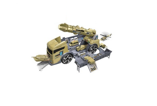 Camion Militar Army Truck idealStore, Dimensiuni 34.5 x 10.5 x 15 cm, Lansator de Rachete Mobil, 5 Vehicule Militare, Statie de Petrol, Camion cu Functie de Deschidere