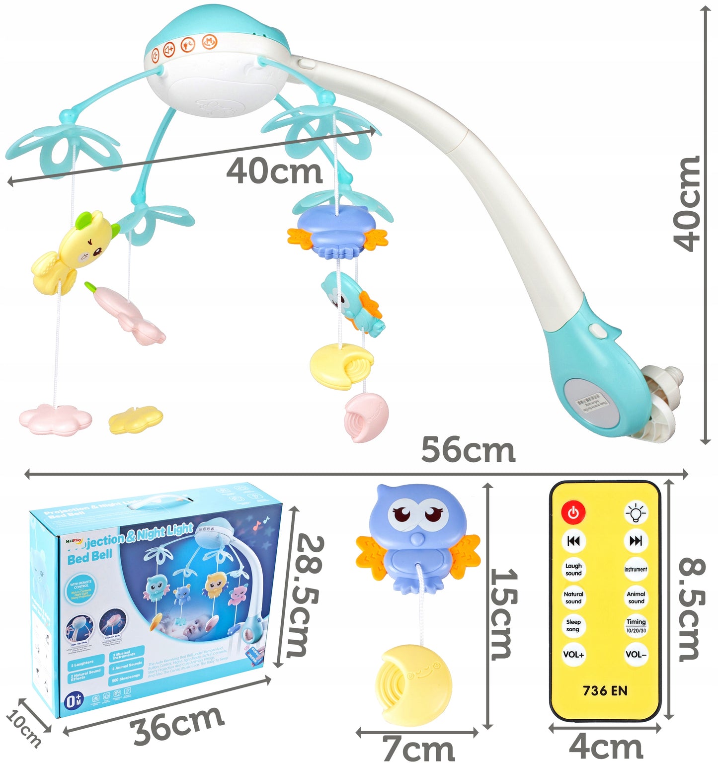 Carusel pentru patut cu lumina de veghe MagStar, First Contact, 500 melodii, 4 brate viu colorate cu diferite jucarii, telecomanda