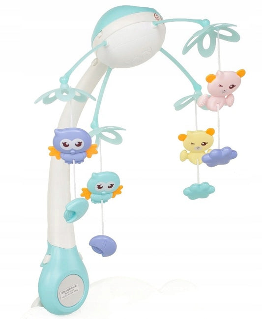 Carusel Interactiv Multifunctional Night Bed Bell idealStore, Rotire 360, Efecte Luminoase si Sonore, Proiector cu Stelute, 500 Melodii de Somn, Mod de Noapte, Oglinda, Telecomanda Inclusa, Albastru