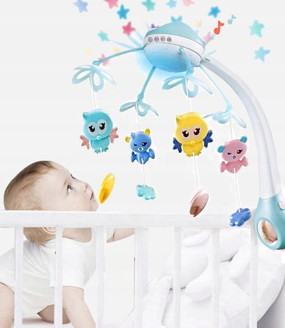 Carusel Interactiv Multifunctional Night Bed Bell idealStore, Rotire 360, Efecte Luminoase si Sonore, Proiector cu Stelute, 500 Melodii de Somn, Mod de Noapte, Oglinda, Telecomanda Inclusa, Albastru