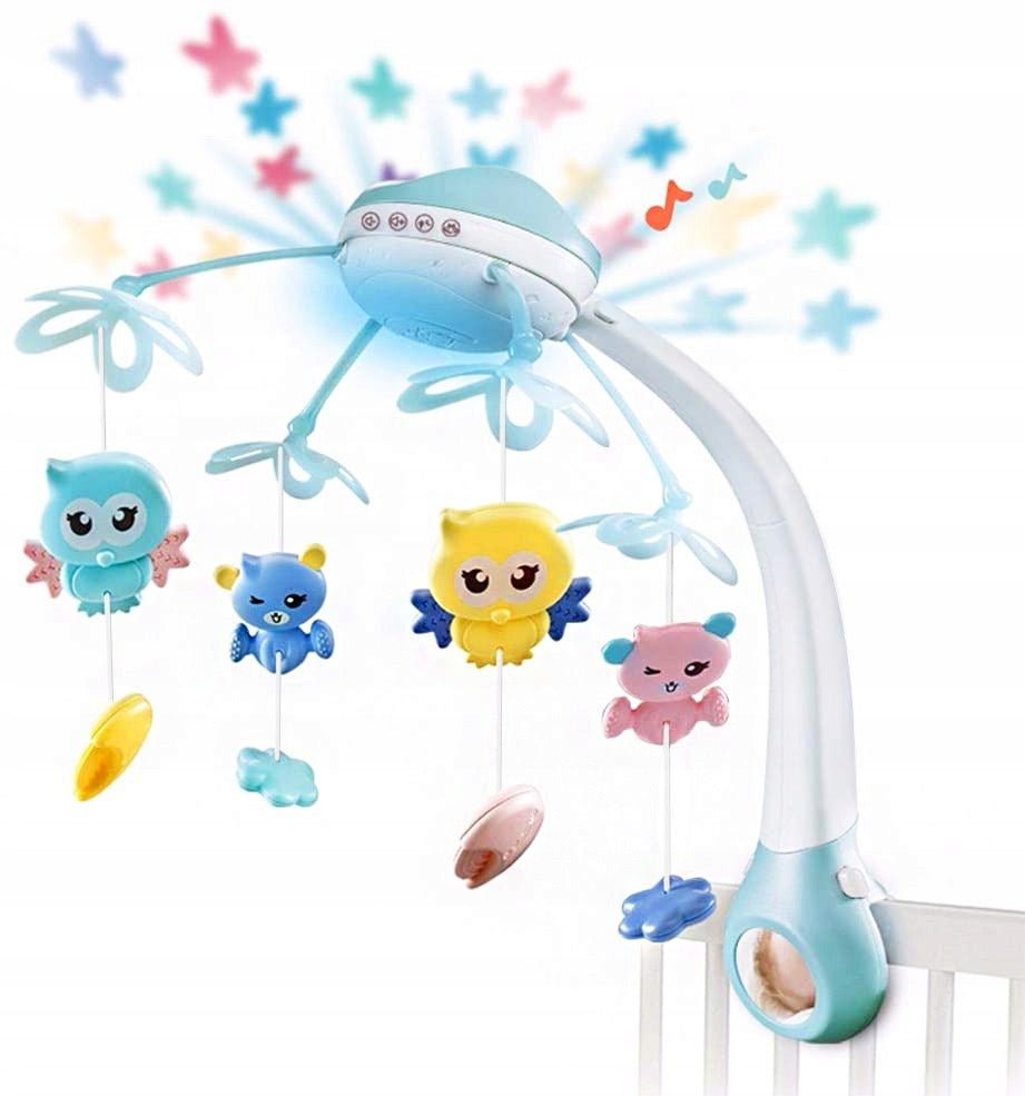 Carusel Interactiv Multifunctional Night Bed Bell idealStore, Rotire 360, Efecte Luminoase si Sonore, Proiector cu Stelute, 500 Melodii de Somn, Mod de Noapte, Oglinda, Telecomanda Inclusa, Albastru