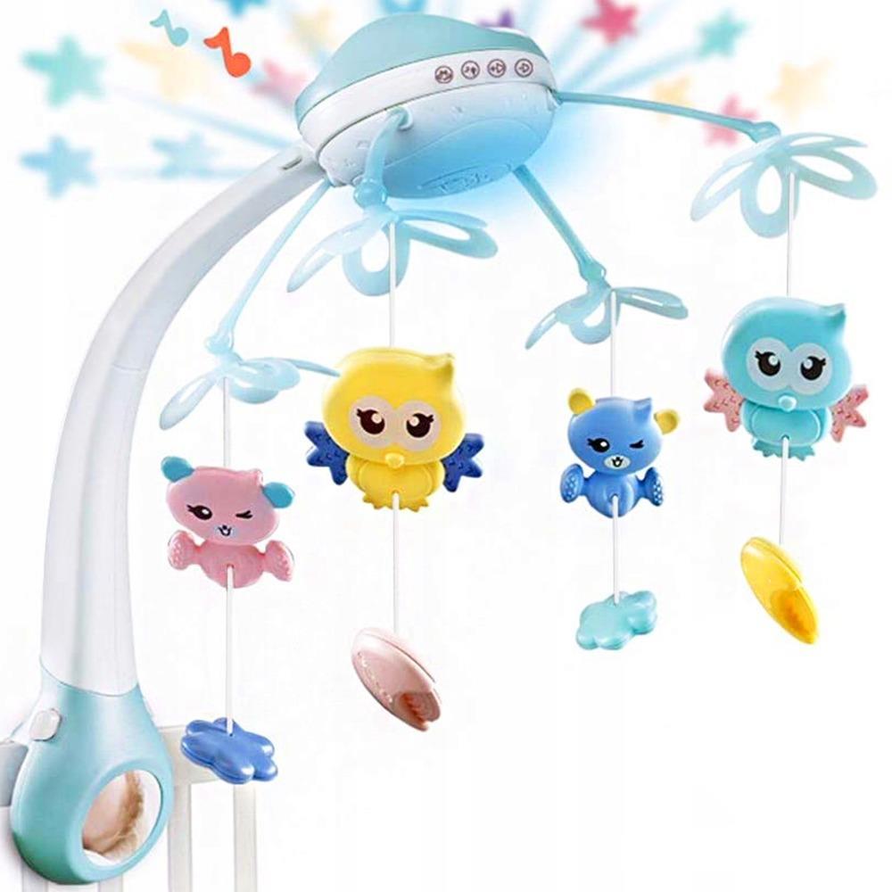 Carusel Interactiv Multifunctional Night Bed Bell idealStore, Rotire 360, Efecte Luminoase si Sonore, Proiector cu Stelute, 500 Melodii de Somn, Mod de Noapte, Oglinda, Telecomanda Inclusa, Albastru