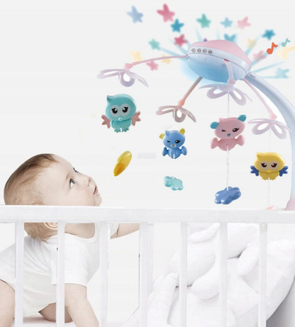 Carusel Interactiv Multifunctional Peaceful Sleep idealSTORE, Include Proiector de Veghe cu Lumini si 505 Melodii, Pandantive cu Animale Multicolore, Rotire 360 grade, Melodii de Adormit, Control la Distanta, Roz