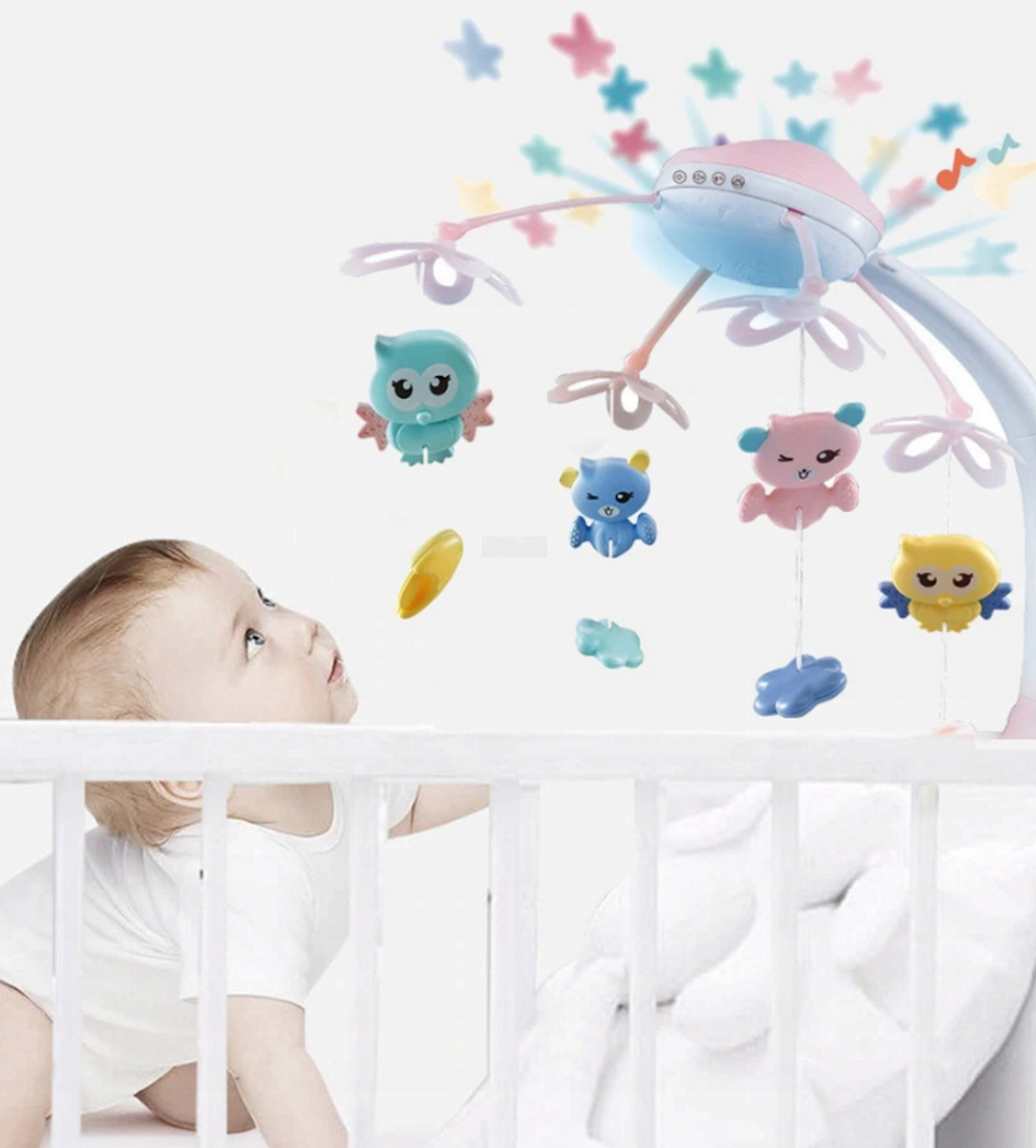 Carusel Interactiv Multifunctional Night Bed Bell idealStore, Rotire 360, Efecte Luminoase si Sonore, Proiector cu Stelute, 500 Melodii de Somn, Mod de Noapte, Oglinda, Telecomanda Inclusa, Culoare Roz