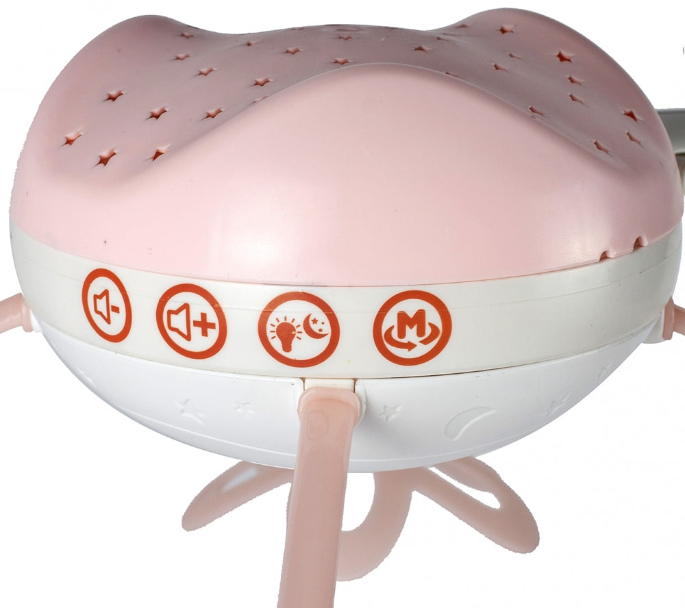 Carusel Interactiv Multifunctional Night Bed Bell idealStore, Rotire 360, Efecte Luminoase si Sonore, Proiector cu Stelute, 500 Melodii de Somn, Mod de Noapte, Oglinda, Telecomanda Inclusa, Culoare Roz