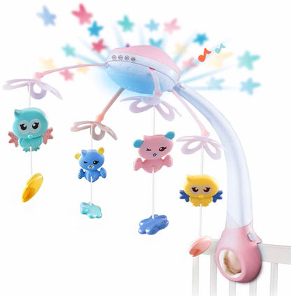 Carusel Interactiv Multifunctional Night Bed Bell idealStore, Rotire 360, Efecte Luminoase si Sonore, Proiector cu Stelute, 500 Melodii de Somn, Mod de Noapte, Oglinda, Telecomanda Inclusa, Culoare Roz