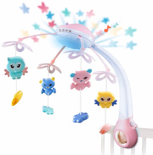 Carusel Interactiv Multifunctional Night Bed Bell idealStore, Rotire 360, Efecte Luminoase si Sonore, Proiector cu Stelute, 500 Melodii de Somn, Mod de Noapte, Oglinda, Telecomanda Inclusa, Culoare Roz