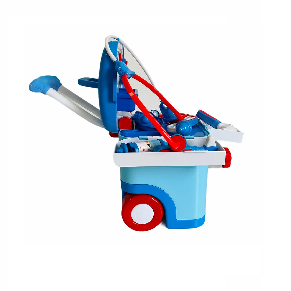 Trusa medicala tip troler pentru copii Musical Doctor IdealStore, Dimensiune 20 X 16 X 30 cm, Include Melodii si Lumini, Penseta, Termometru, Cleste, Stetoscop, Seringa, Multicolor