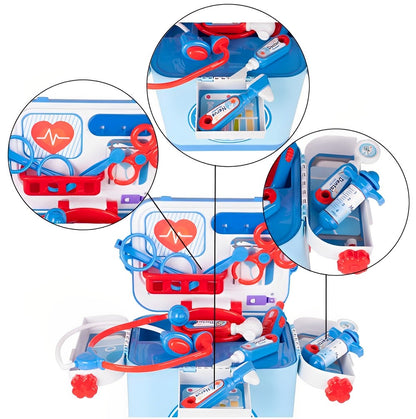 Trusa medicala tip troler pentru copii Musical Doctor IdealStore, Dimensiune 20 X 16 X 30 cm, Include Melodii si Lumini, Penseta, Termometru, Cleste, Stetoscop, Seringa, Multicolor