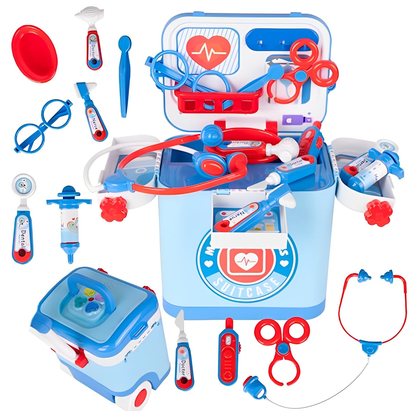 Trusa medicala tip troler pentru copii Musical Doctor IdealStore, Dimensiune 20 X 16 X 30 cm, Include Melodii si Lumini, Penseta, Termometru, Cleste, Stetoscop, Seringa, Multicolor