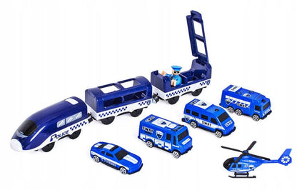 Tren Electric De Politie Blue Police Train idealStore, 92 Elemente, 27 Sectiuni de Piste, Efecte Sonore, Locomotiva Electrica, Vagoane cu Magnet, Indicatoare Rutiere, Figurine, Autocolante, Stimuleaza Imaginatia si Creativitatea