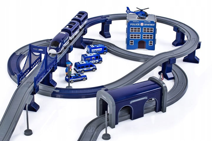 Tren Electric De Politie Blue Police Train idealStore, 92 Elemente, 27 Sectiuni de Piste, Efecte Sonore, Locomotiva Electrica, Vagoane cu Magnet, Indicatoare Rutiere, Figurine, Autocolante, Stimuleaza Imaginatia si Creativitatea