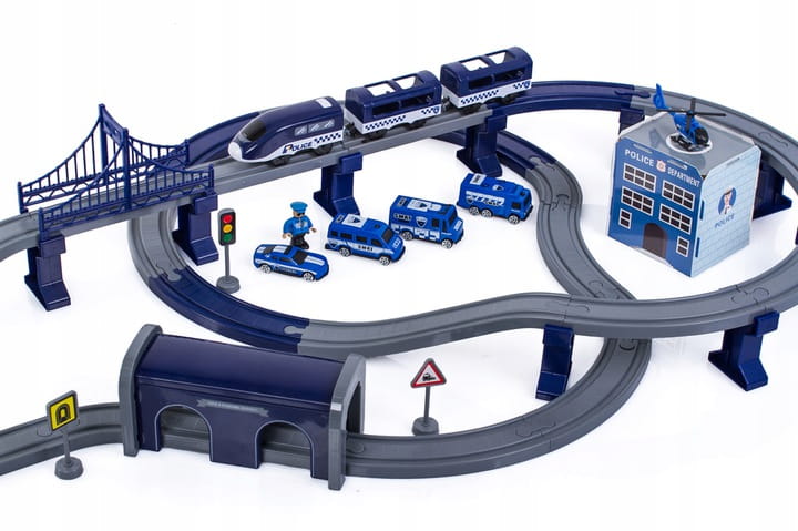 Tren Electric De Politie Blue Police Train idealStore, 92 Elemente, 27 Sectiuni de Piste, Efecte Sonore, Locomotiva Electrica, Vagoane cu Magnet, Indicatoare Rutiere, Figurine, Autocolante, Stimuleaza Imaginatia si Creativitatea
