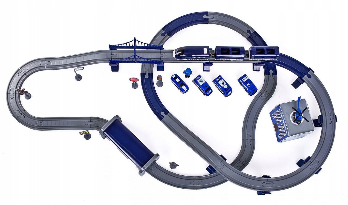 Tren Electric De Politie Blue Police Train idealStore, 92 Elemente, 27 Sectiuni de Piste, Efecte Sonore, Locomotiva Electrica, Vagoane cu Magnet, Indicatoare Rutiere, Figurine, Autocolante, Stimuleaza Imaginatia si Creativitatea