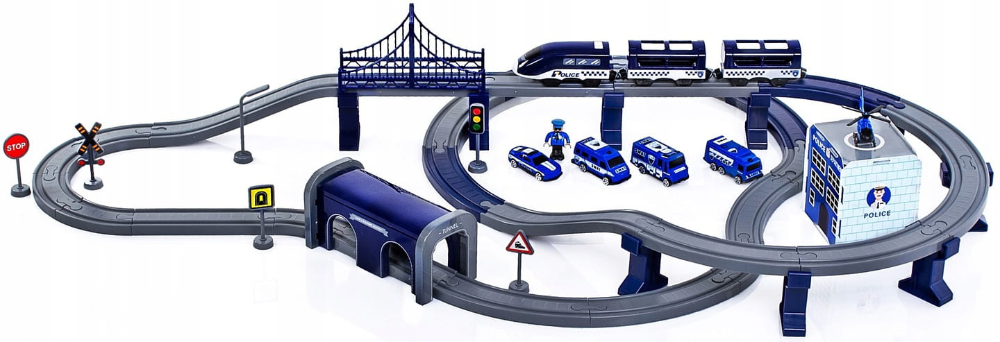 Tren Electric De Politie Blue Police Train idealStore, 92 Elemente, 27 Sectiuni de Piste, Efecte Sonore, Locomotiva Electrica, Vagoane cu Magnet, Indicatoare Rutiere, Figurine, Autocolante, Stimuleaza Imaginatia si Creativitatea