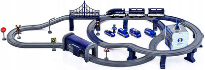 Tren Electric De Politie Blue Police Train idealStore, 92 Elemente, 27 Sectiuni de Piste, Efecte Sonore, Locomotiva Electrica, Vagoane cu Magnet, Indicatoare Rutiere, Figurine, Autocolante, Stimuleaza Imaginatia si Creativitatea