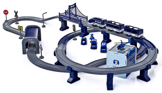 Tren Electric De Politie Blue Police Train idealStore, 92 Elemente, 27 Sectiuni de Piste, Efecte Sonore, Locomotiva Electrica, Vagoane cu Magnet, Indicatoare Rutiere, Figurine, Autocolante, Stimuleaza Imaginatia si Creativitatea