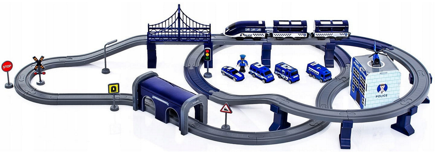 Tren Electric De Politie Blue Police Train idealStore, 92 Elemente, 27 Sectiuni de Piste, Efecte Sonore, Locomotiva Electrica, Vagoane cu Magnet, Indicatoare Rutiere, Figurine, Autocolante, Stimuleaza Imaginatia si Creativitatea