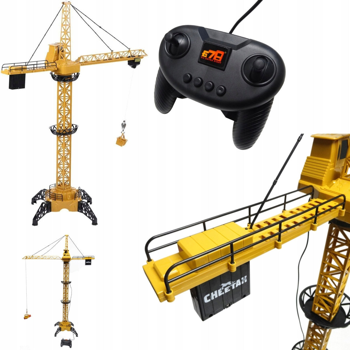 Macara Interactiva cu Telecomanda Crane Gigant idealSTORE, Dimensiuni 128 x 95 cm, Structura stabila formata din 4 brate, Accesorizata cu sunete, lumini, Grinda de Lemn, Brat mobil, Alimentare USB, Aspect realist, Dezvolta agilitatea si gandirea
