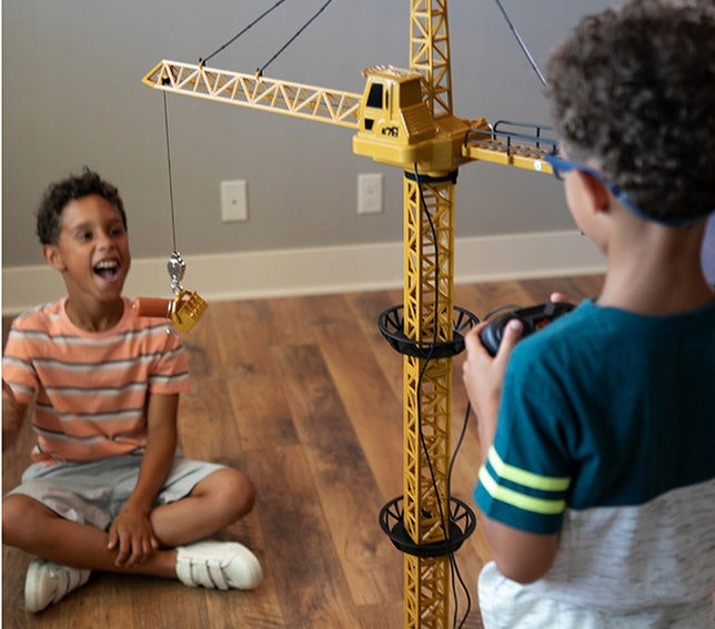 Macara Interactiva cu Telecomanda Crane Gigant idealSTORE, Dimensiuni 128 x 95 cm, Structura stabila formata din 4 brate, Accesorizata cu sunete, lumini, Grinda de Lemn, Brat mobil, Alimentare USB, Aspect realist, Dezvolta agilitatea si gandirea