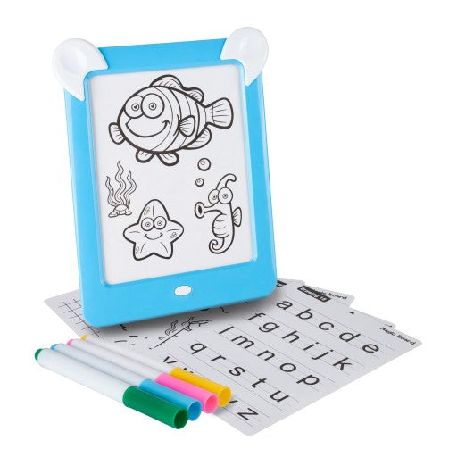 Tableta Magica Pentru Desen Magic Board idealStore, Dimensiuni 26 x 20 x 2.5 cm, 8 Efecte de Iluminare, 10 Modele de Desen, 4 Pixuri Colorate Dezvolta Creativitatea si Imaginatia