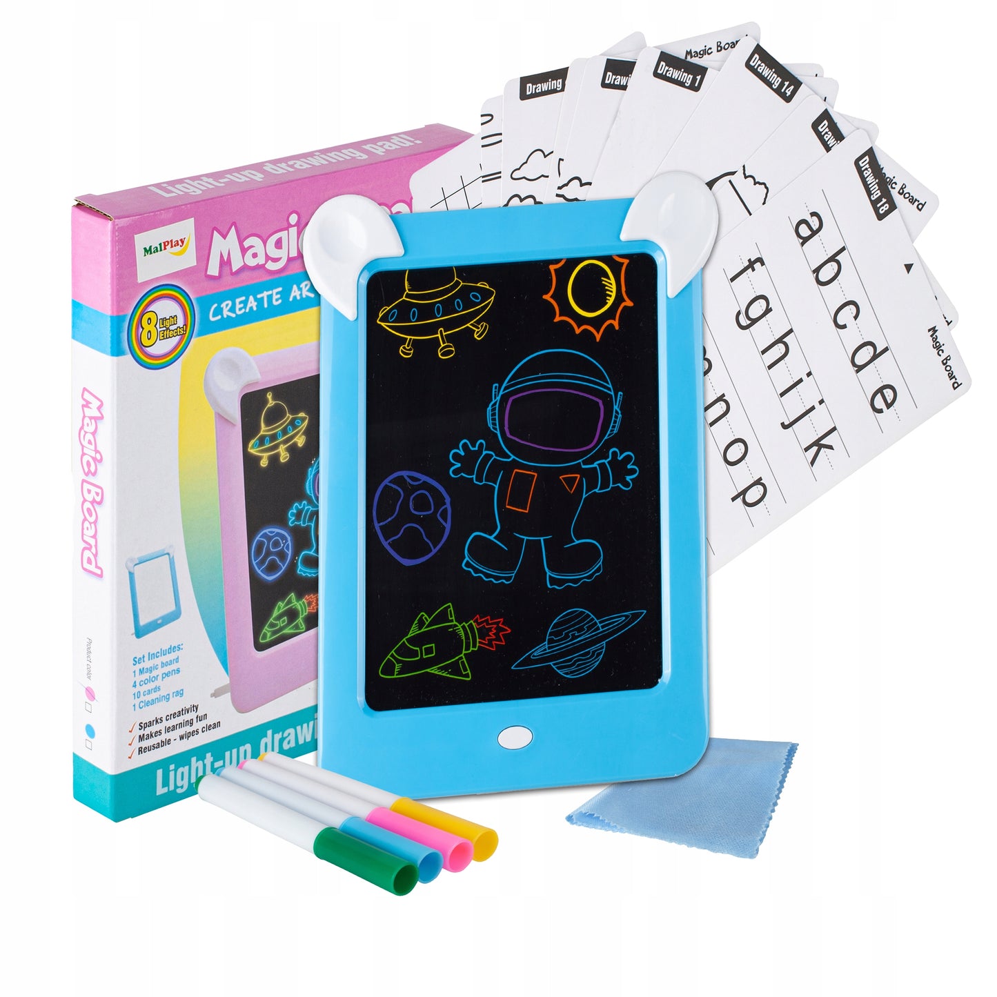 Tableta Magica Pentru Desen Magic Board idealStore, Dimensiuni 26 x 20 x 2.5 cm, 8 Efecte de Iluminare, 10 Modele de Desen, 4 Pixuri Colorate Dezvolta Creativitatea si Imaginatia