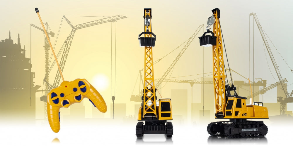 Macara interactiva cu Telecomanda CRANE LUXURY idealSTORE, Dimensiuni 21x14x49 cm Constructie Stabila Accesorizata cu grinda de lemn, Brat mobil 680, Sine de cauciuc, Lumini LED, Alimentare USB