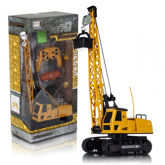 Macara interactiva cu Telecomanda CRANE LUXURY idealSTORE, Dimensiuni 21x14x49 cm Constructie Stabila Accesorizata cu grinda de lemn, Brat mobil 680, Sine de cauciuc, Lumini LED, Alimentare USB