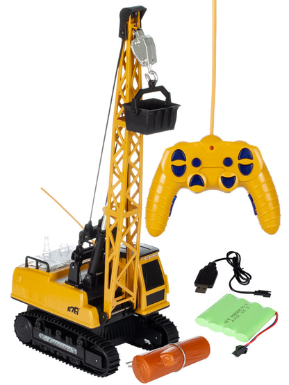 Macara interactiva cu Telecomanda CRANE LUXURY idealSTORE, Dimensiuni 21x14x49 cm Constructie Stabila Accesorizata cu grinda de lemn, Brat mobil 680, Sine de cauciuc, Lumini LED, Alimentare USB