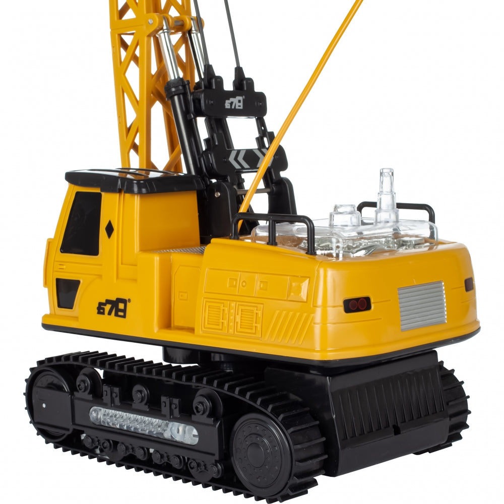 Macara interactiva cu Telecomanda CRANE LUXURY idealSTORE, Dimensiuni 21x14x49 cm Constructie Stabila Accesorizata cu grinda de lemn, Brat mobil 680, Sine de cauciuc, Lumini LED, Alimentare USB