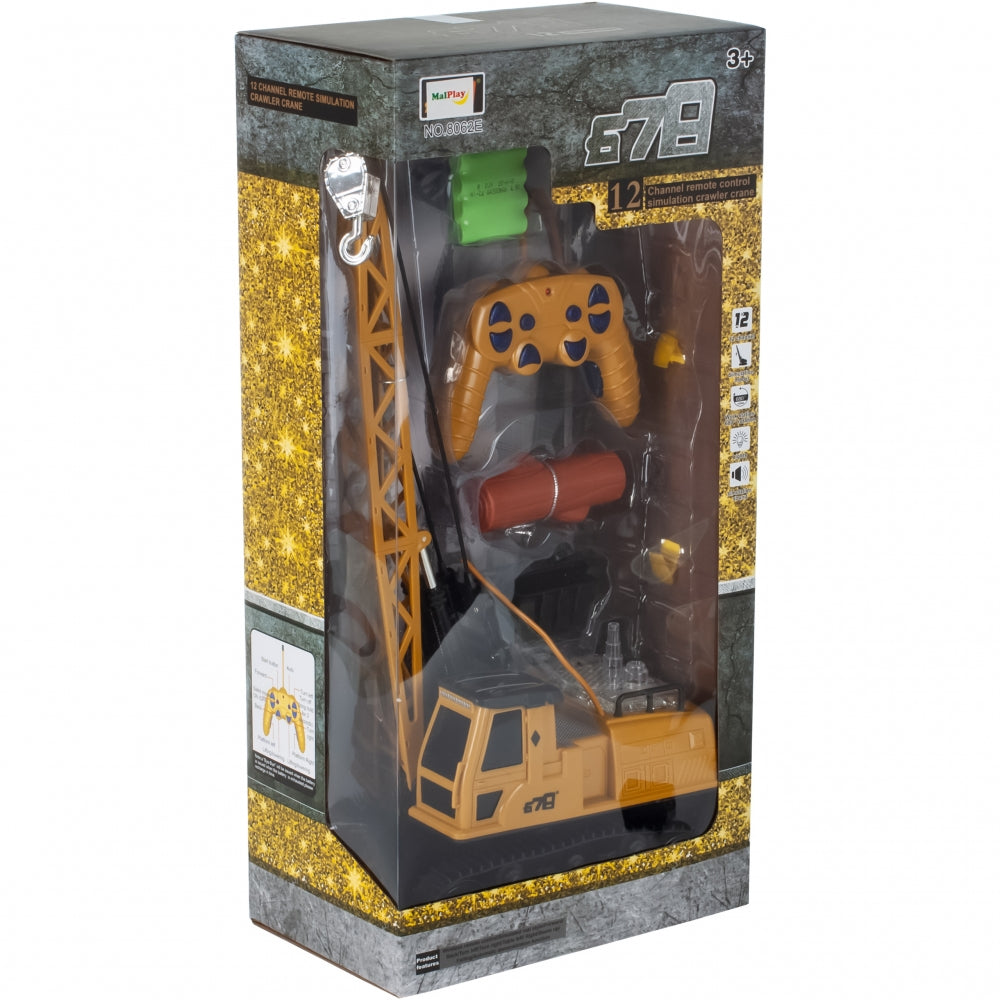 Macara interactiva cu Telecomanda CRANE LUXURY idealSTORE, Dimensiuni 21x14x49 cm Constructie Stabila Accesorizata cu grinda de lemn, Brat mobil 680, Sine de cauciuc, Lumini LED, Alimentare USB