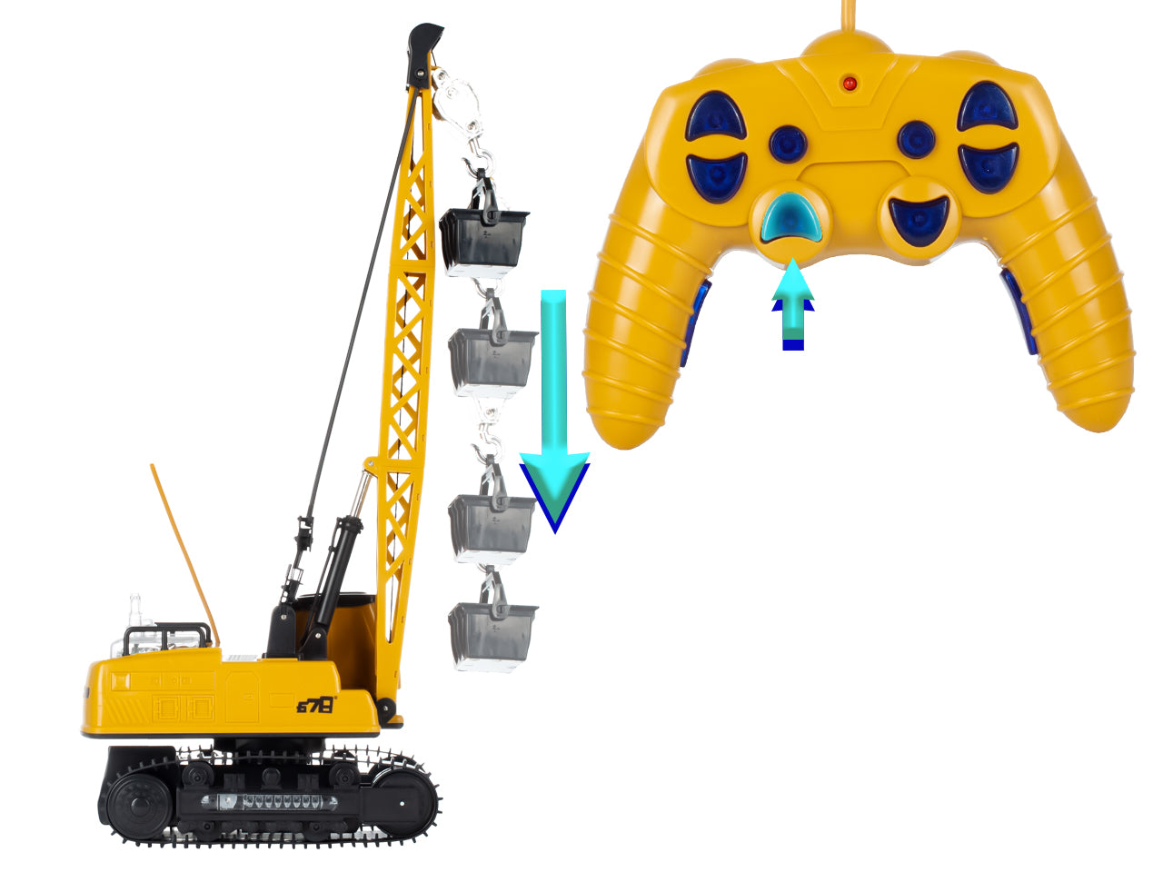 Macara interactiva cu Telecomanda CRANE LUXURY idealSTORE, Dimensiuni 21x14x49 cm Constructie Stabila Accesorizata cu grinda de lemn, Brat mobil 680, Sine de cauciuc, Lumini LED, Alimentare USB