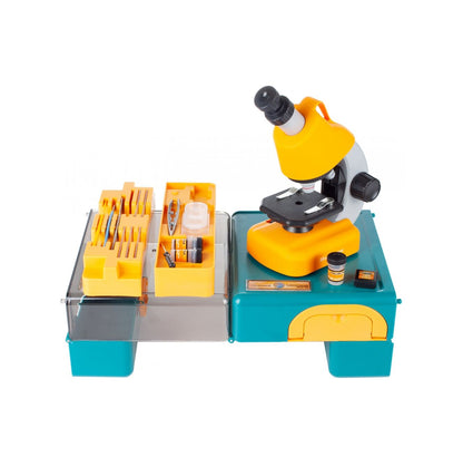 Microscop Multifunctional Stiintific pentru copii idealSTORE, Dimensiuni 16 x 10 x 22,5 cm Include 3 lentile de marire, Numeroase Accesorii, Lampa LED pentru Iluminat, Inaltime Reglabila, Valiza pentru transport