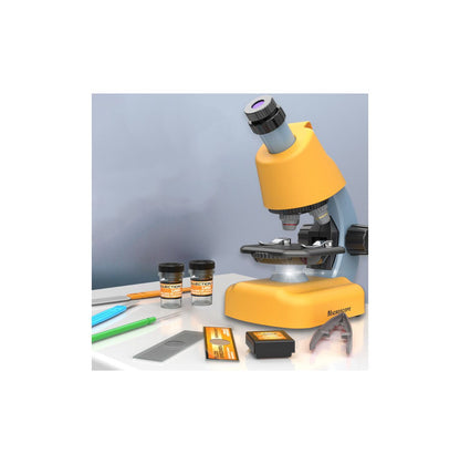 Microscop Multifunctional Stiintific pentru copii idealSTORE, Dimensiuni 16 x 10 x 22,5 cm Include 3 lentile de marire, Numeroase Accesorii, Lampa LED pentru Iluminat, Inaltime Reglabila, Valiza pentru transport