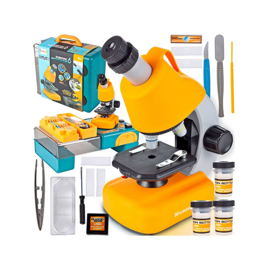 Microscop Multifunctional Stiintific pentru copii idealSTORE, Dimensiuni 16 x 10 x 22,5 cm Include 3 lentile de marire, Numeroase Accesorii, Lampa LED pentru Iluminat, Inaltime Reglabila, Valiza pentru transport